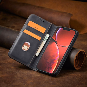 Magnetinis puošnus dėklas telefonui iPhone 14 su atverčiamu dangteliu, pinigine ir stovu, juoda