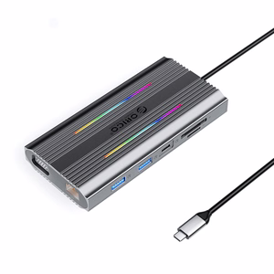 Orico XCR 12 viename RGB USB-C prijungimo stotelė 3x USB-A USB-C PD 100W HDMI 4K VGA RJ45 Gigabit SD ir microSD kortelių skaitytuvas - pilka