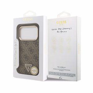 Dėklas Guess PU Leather 4G Strass Triangle Logo Gold Frame MagSafe Apple iPhone 18 Pro Max rudas
