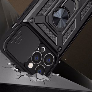 Hybrid Armor Camshield dėklas telefonui iPhone 13 Pro šarvuotas dėklas su kameros dangteliu juodas