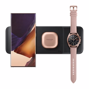 Samsung Trio EP-P6300TBEGEU 3 viename belaidis įkroviklis telefonui, Galaxy Watch ir Buds + tinklo adapteris ir laidas, juodas