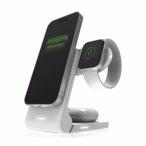 STM ChargeTree MAG nešiojamoji 3 viename belaidžio įkrovimo stotelė, skirta iPhone, Apple Watch ir AirPods, suderinama su MagSafe, balta