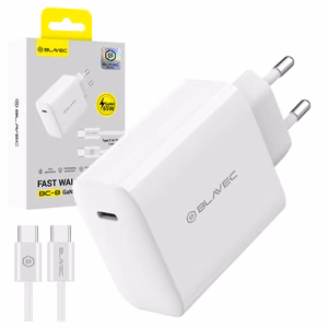 Blavec sieninis įkroviklis BC-8 GaN4 - Type C - PD QC 65W 3A su Type C į Type C laidu (TCBC8G4-CW653A+CC) baltas