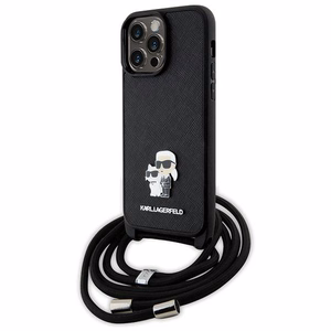 Karl Lagerfeld KLHCP14XSAKCPSK dėklas iPhone 14 Pro Max 6.7" kietas dėklas - juodas kryžminis Saffiano metalinis smeigtukas Karl&Choupette