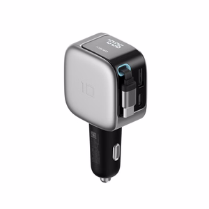 Cuktech CC903P automobilinis įkroviklis 100 W, su ekranu ir 70 cm įtraukiamu USB-C laidu – pilkas