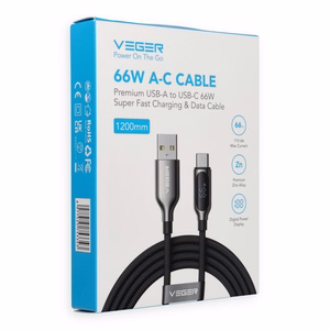 Кабель с LED-индикатором USB A — Type C VEGER PD 3A 66 Вт AC1-XHJ, 1,2 м, черный