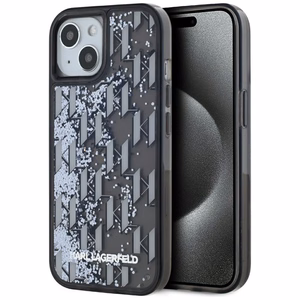 Karl Lagerfeld skystas blizgučiai monograma gradientas iPhone 15 dėklas - juodas