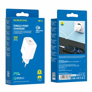 Borofone BN3 Premium USB-C sieninis įkroviklis QC 3.0 PD 2.0 20W baltas