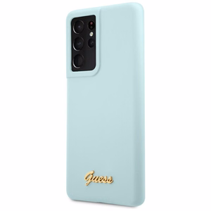 Dėklas telefonui Guess GUHCS21LLSLMGLB S21 Ultra G998 mėlynas/mėlynas kietasis dėklas Silikon Script Metal Logo