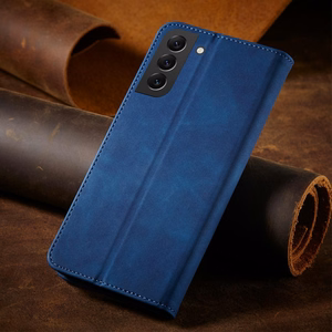Magnetinis puošnus dėklas Samsung Galaxy S23+ su atverčiamu piniginės dangteliu ir stovu mėlyna