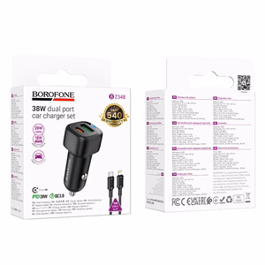 Borofone Car charger BZ34B Cloud - USB + Type C - QC 3.0 PD 38W with Type C to Lightning cable black