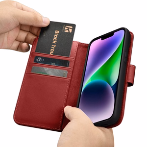 iCarer Piniginės dėklas 2in1 viršelis iPhone 14 Plus Anti-RFID odinis atverčiamas viršelis raudonas (WMI14220727-RD)