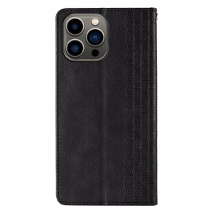 Magnetinis dirželio dėklas telefonui iPhone 14 Pro su atverčiamu dangteliu, pinigine, mini dirželiu ir stovu, juodas