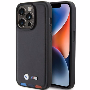 BMW BMHCP15L22PTDK dėklas telefonui iPhone 15 Pro 6.1" juodas/juodas odinis su trispalve emblema