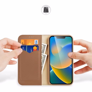 Dux Ducis Hivo odinis atverčiamas dėklas iš natūralios odos su kortelių ir dokumentų pinigine iPhone 14 Plus, rudas