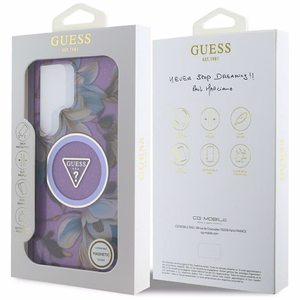 GUESS dėklas SAMSUNG S25 Ultra GUHMS25LHFLPEDU (Magnetinis IML metalinis blizgesys gėlių trikampis) violetinė