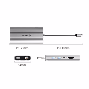 Orico XDR 12 viename USB-C prijungimo stotelė USB-A USB-C 2x HDMI 4K 60Hz DisplayPort 4K 60Hz RJ45 Gigabit PD 100W SD ir microSD kortelių skaitytuvas - sidabrinė