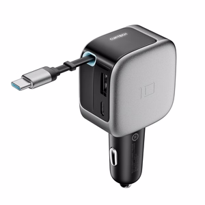 Cuktech CC903P automobilinis įkroviklis 100 W, su ekranu ir 70 cm įtraukiamu USB-C laidu – pilkas