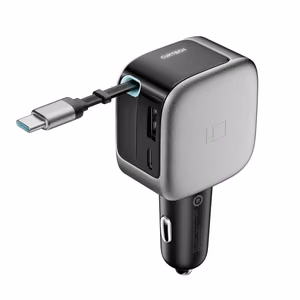 Cuktech CC903P automobilinis įkroviklis 100 W, su ekranu ir 70 cm įtraukiamu USB-C laidu – pilkas