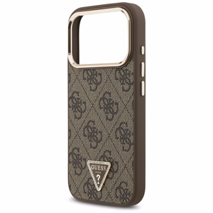 Чехол Guess PU Leather 4G Strass Triangle Logo Gold Frame MagSafe для Apple iPhone 18 Pro, коричневый