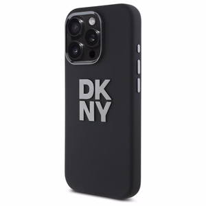 DKNY skystos silikoninės medžiagos dėklas telefonui su metaliniu logotipu iPhone 16 Pro - juodas