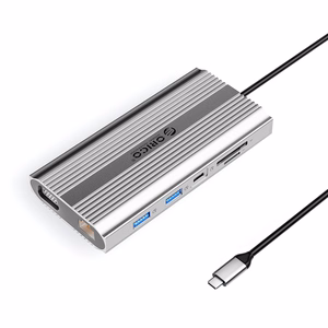 Orico XDR 12 viename USB-C prijungimo stotelė USB-A USB-C HDMI 4K VGA RJ45 Gigabit PD 100W SD ir microSD kortelių skaitytuvas - sidabrinė
