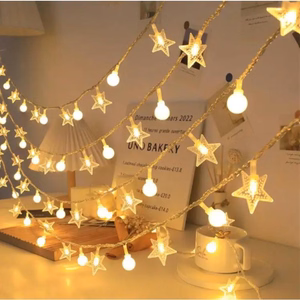 LED girlianda 10M (80 LED lempučių) USB žvaigždės + rutuliukai, šiltai balta