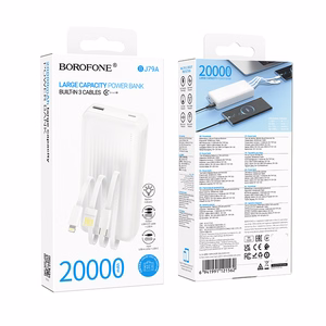 Borofone BJ79A Clever išorinė baterija 20000mAh USB su Type-C ir Lightning kabeliais balta