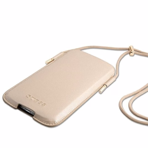 Guess Saffiano Pouch telefono rankinė, S / M dydžio, telefonams iki 6.1", aukso spalvos