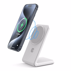 Беспроводное зарядное устройство 2 в 1 Crong MagSpot Stand для iPhone и AirPods, совместимое с MagSafe, белое