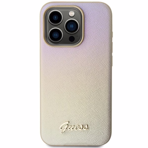 Guess Saffiano Iridescent Script dėklas telefonui iPhone 15 Pro - auksinis