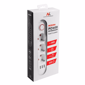 Maclean elektros paskirstytuvas, prailginimo laidas su 3 lizdais + 3xUSB, 110–240 V kintama srovė, 50/60 Hz, 2,1 A, maks. 2500 W, 1,5 m, baltas, MCE394 W