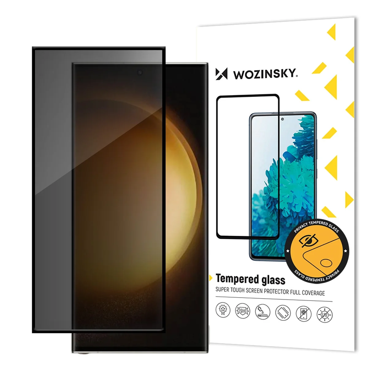 Wozinsky Privacy Glass grūdintas stiklas su Anti-spy filtru baltame fone