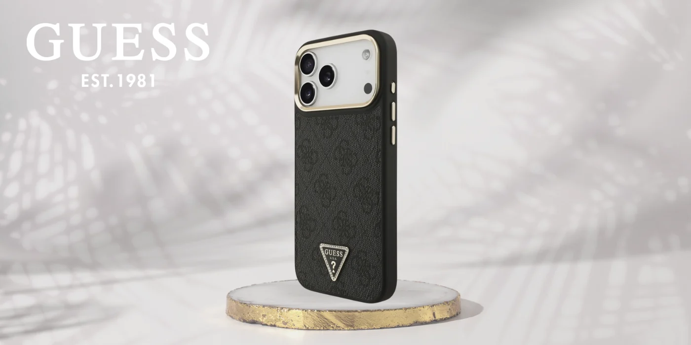 Guess чехол для iPhone 17 Pro Max совместимый с MagSafe GUHMP17XP4GTDGMK (4G PU W/ Triangle Logo) золотой чёрный