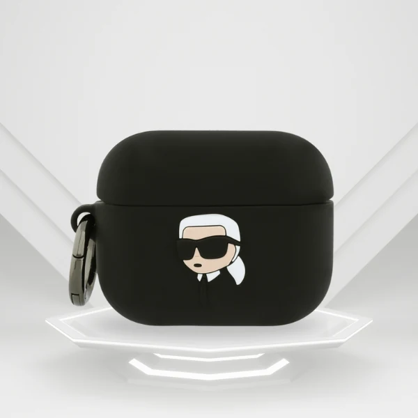 Black Karl Head AirPods Pro 3 case on a display stand