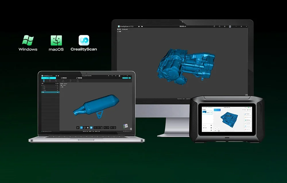 CrealityScan software ekranuose su 3D motociklo dalių modeliais