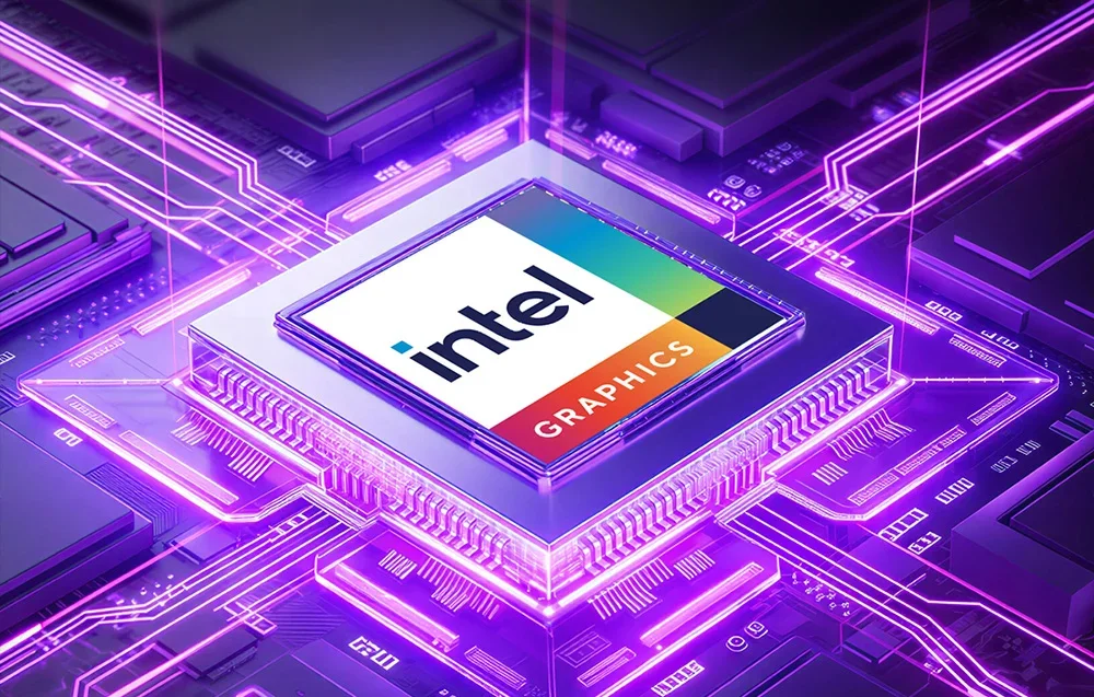 Intel grafikos procesorius pagrindinėje plokštėje su violetiniu elektroninių takelių apšvietimu