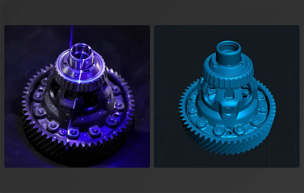Laser nuskenuota mechaninė detalė ir šalia esantis jos 3D modelis