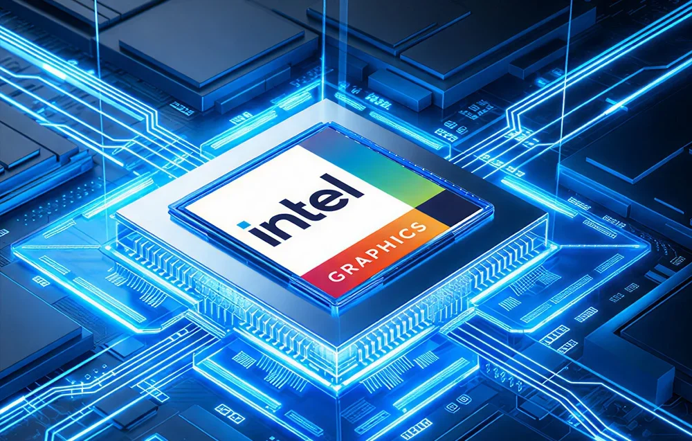 Iliustracija, kurioje pavaizduotas Intel Graphics lustas pagrindinėje plokštėje su mėlynu apšvietimu.