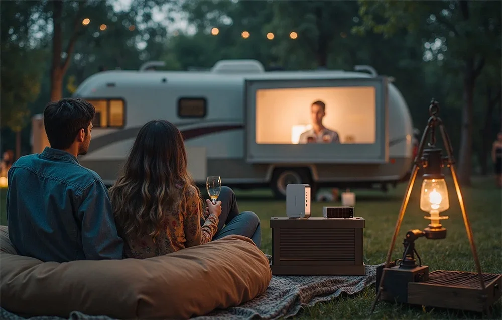 Pora žiūri filmą projektoriuje prie kemperio, o ant stalo stovi mini kompiuteris