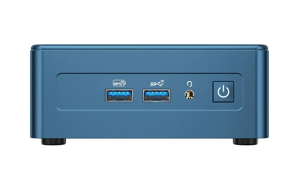 Mėlyno mini kompiuterio priekinis skydelis su dviem USB prievadais, ausinių jungtimi ir kvadratiniu įjungimo mygtuku