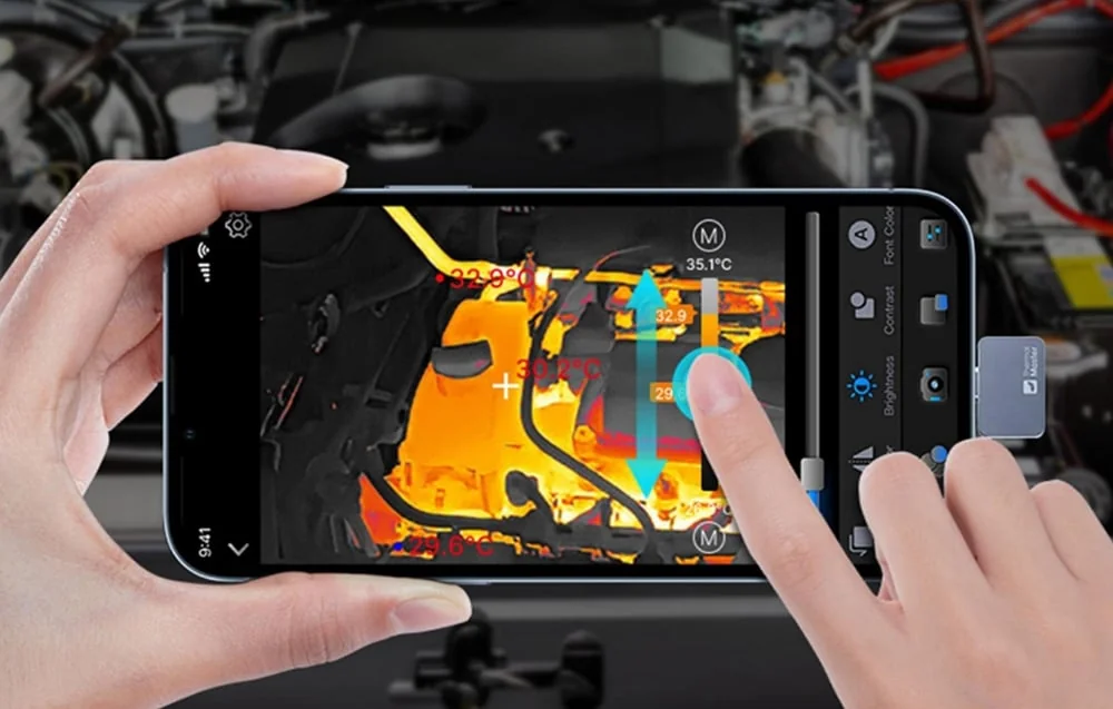 Car engine components inspected on a phone with the P2 Pro thermal camera