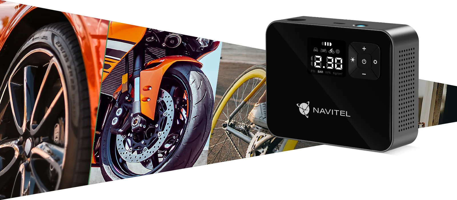 Navitel AIR 15 AL compressor beside vehicle and bicycle tyres
