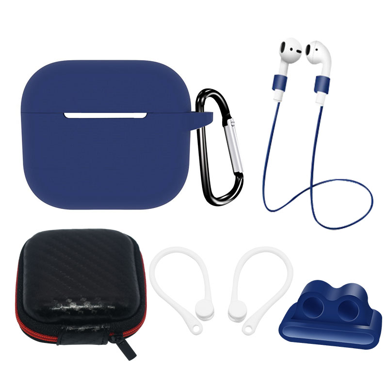 AirPods 3 Silikoninis Dėklų Rinkinys + Dėklas/Ausų Kabliukas/Kaklo Dirželis/Laikrodžio Dirželio Laikiklis/Karabinas - mėlynas