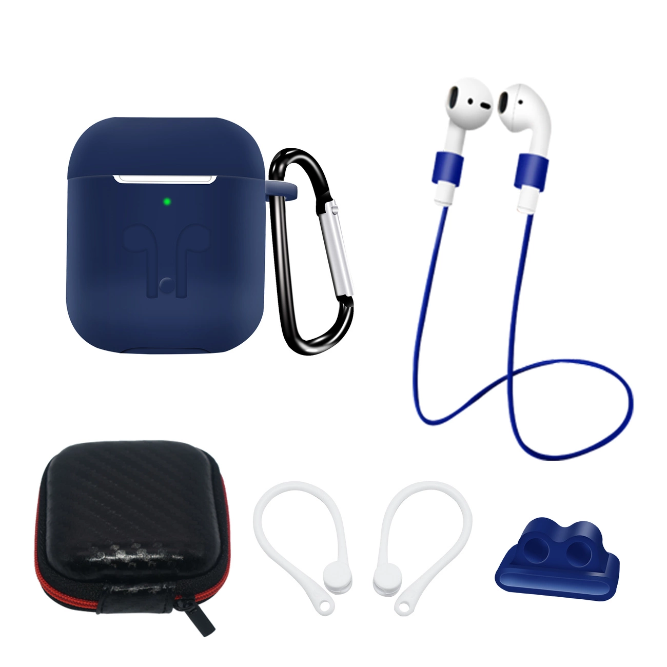 Rinkinys: AirPods 2 / AirPods 1 silikoninis dėklas + dėklas / ausų kabliukas / kaklo dirželis / laikrodžio dirželio laikiklis / karabinas - mėlyna
