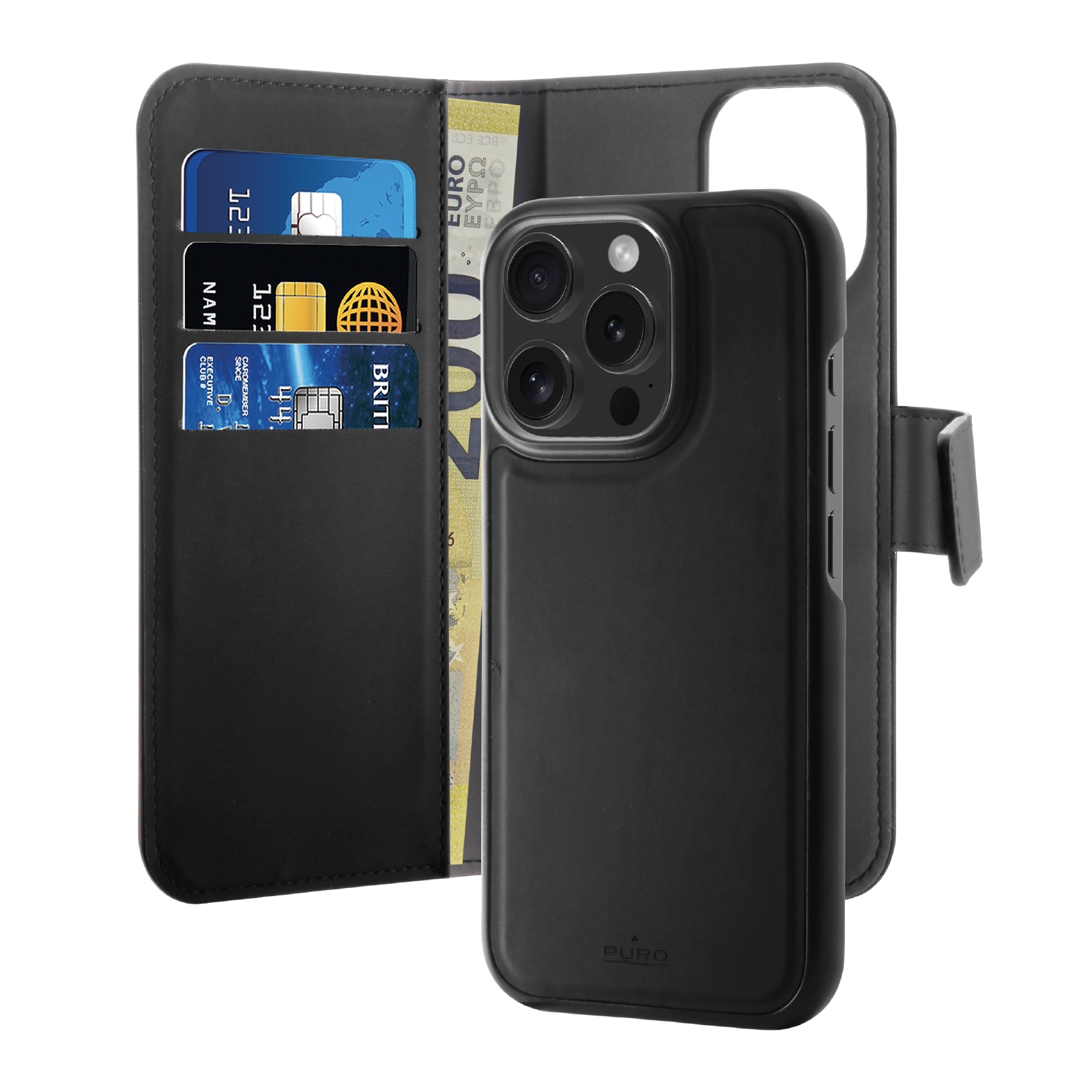 Puro Wallet Detachable MagSafe 2in1 PU odinis dėklas su flapu ir pinigine iPhone 16 Pro Max - juodas