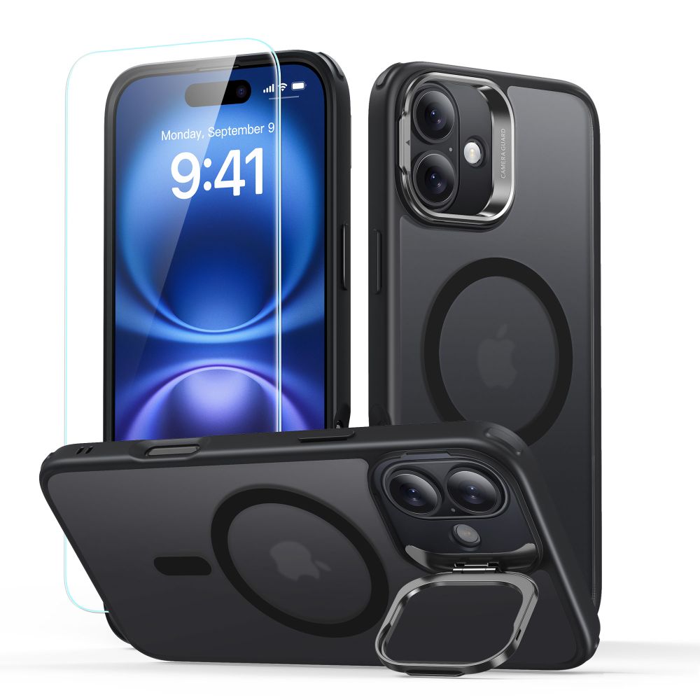 ESR Classic Hybrid Kickstand Halolock MagSafe komplektas su apsauginiu stiklu iPhone 16 - juodas