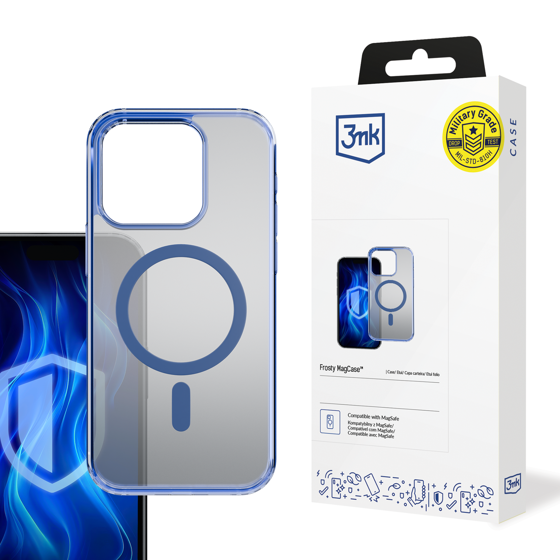 3mk Frosty MagCase – mėlynas dėklas telefonui Apple iPhone 14 Pro – skaidrus