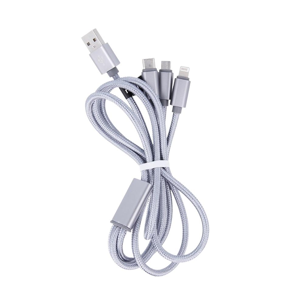 Maxlife 3in1 kabelis USB - Lightning + USB-C + microUSB 1,0 m 2,1A pilkas nailonas