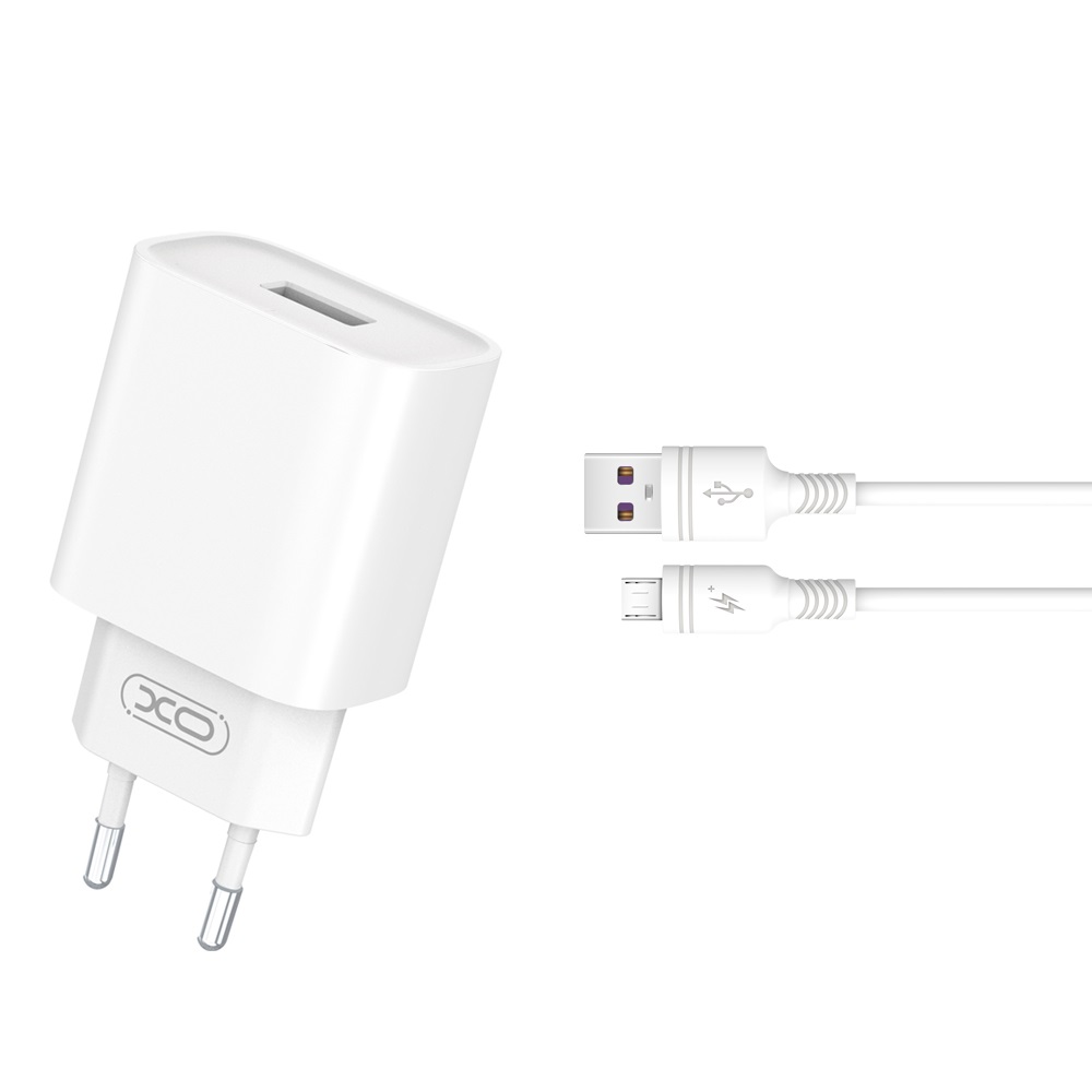 XO sieninis įkroviklis CE02D QC 3.0 18W 1x USB baltas + microUSB kabelis